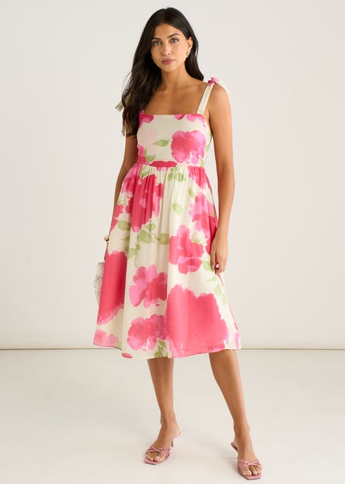 Midi-Kleid mit rosa Blumenmuster und Trägern - Image 1