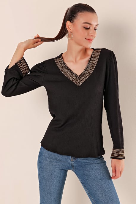 Bestickte Strukturierte V-Ausschnitt-Bluse - Image 3