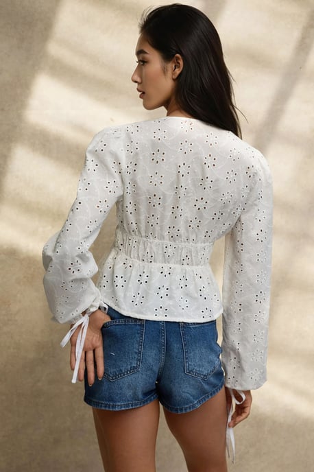 Elegante Strukturierte V-Ausschnitt Bluse mit Ballonärmeln - Image 3