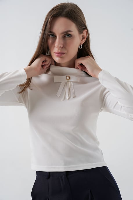 Taillierte Langarmbluse mit halbem Stehkragen und Ripsband-Details - Image 4