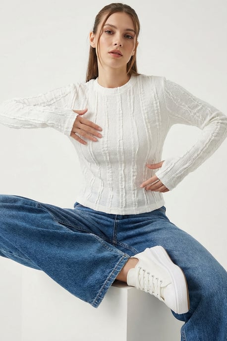 Rippstruktur Crew-Neck Langarmbluse - Image 2