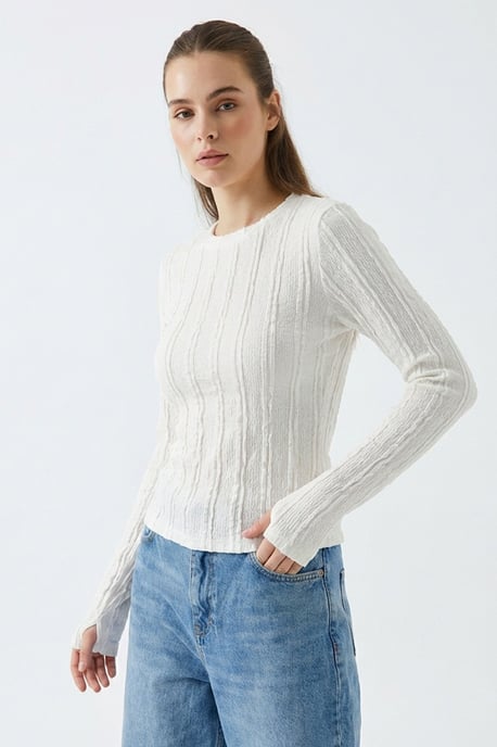 Rippstruktur Crew-Neck Langarmbluse - Image 4
