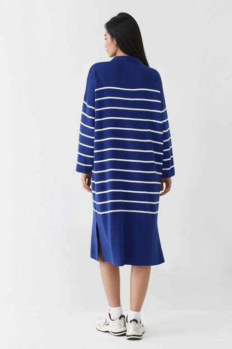 Gestreiftes V-Ausschnitt Midi-Strickkleid mit Schlitz in lockerer Passform - Image 3