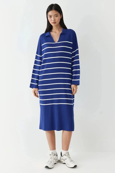 Gestreiftes V-Ausschnitt Midi-Strickkleid mit Schlitz in lockerer Passform - Image 6