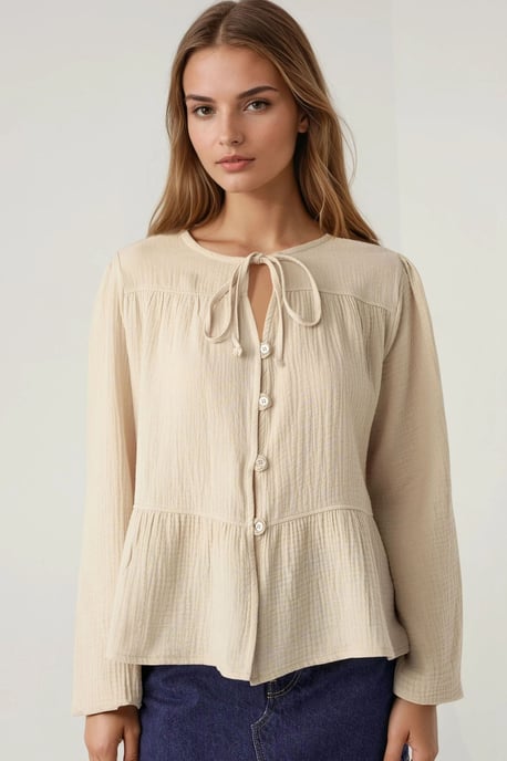 Kreuzkragen Langarm Woven Musselin Bluse - Image 1