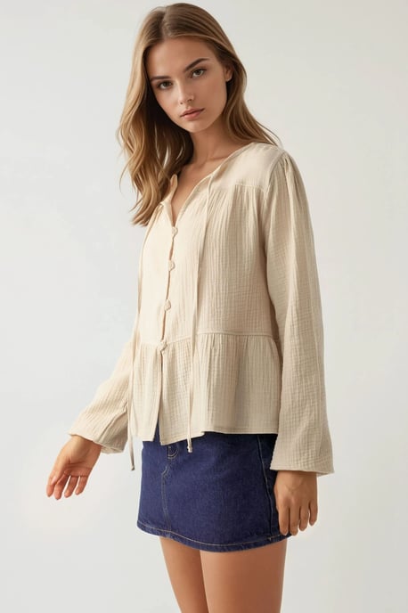 Kreuzkragen Langarm Woven Musselin Bluse - Image 3