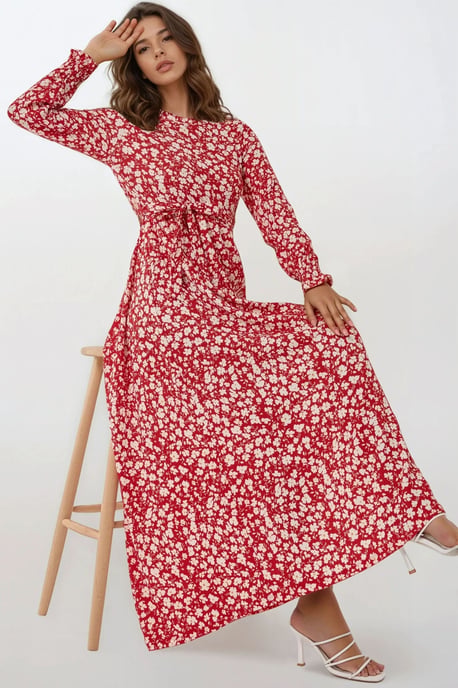 Blumenmuster Maxi-Kleid mit Gürtel und Rundhalsausschnitt - Image 2
