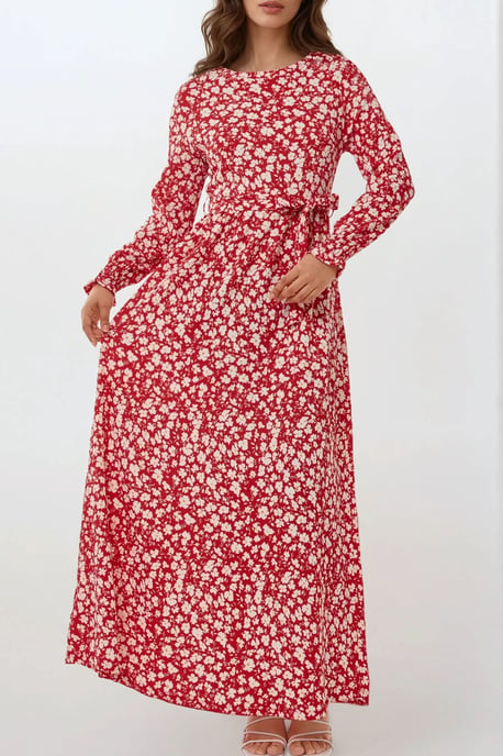 Blumenmuster Maxi-Kleid mit Gürtel und Rundhalsausschnitt - Image 3