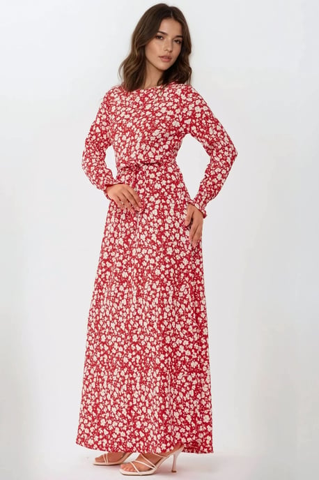 Blumenmuster Maxi-Kleid mit Gürtel und Rundhalsausschnitt - Image 5