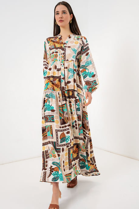 Gemustertes V-Ausschnitt Maxikleid - Image 3