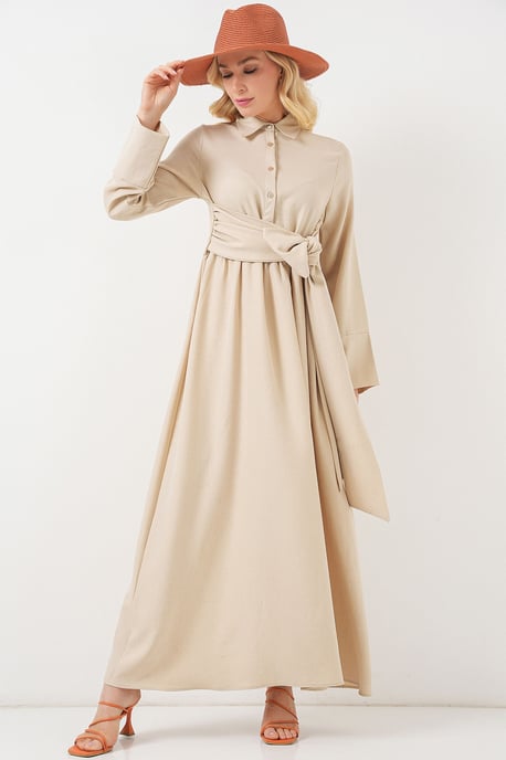 Langärmliges A-Linien Maxi-Kleid mit Taillenbanddetail - Image 4