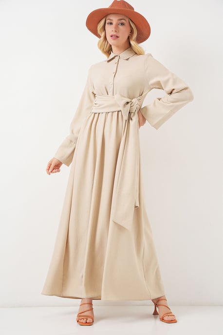 Langärmliges A-Linien Maxi-Kleid mit Taillenbanddetail - Image 5