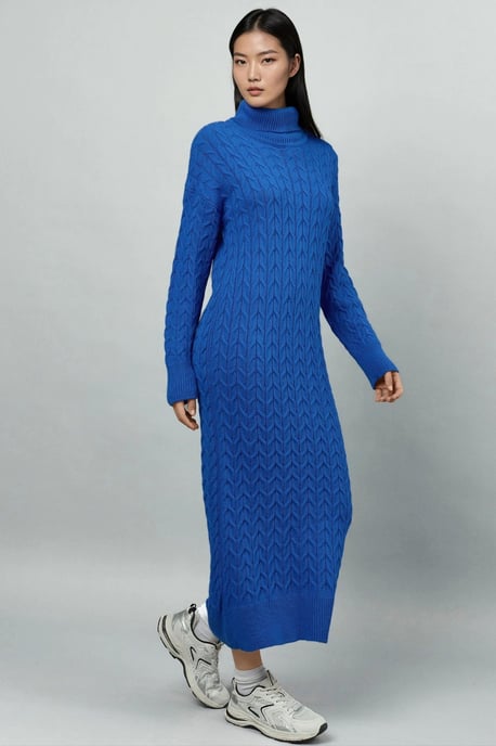 Langärmeliges Rollkragen-Haarzopf-Strickkleid - Image 3