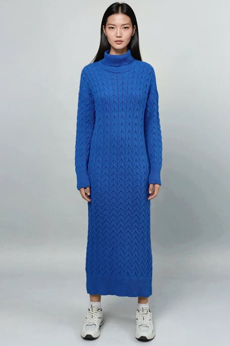 Langärmeliges Rollkragen-Haarzopf-Strickkleid - Image 5