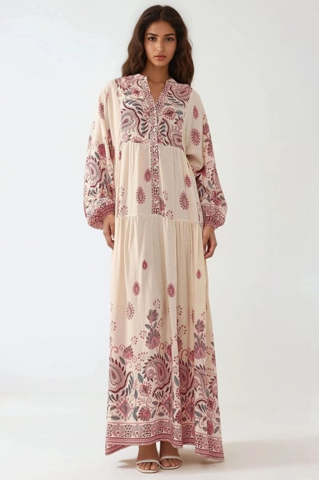 Bedrucktes V-Ausschnitt-Maxikleid mit Knopfdetails - Image 5
