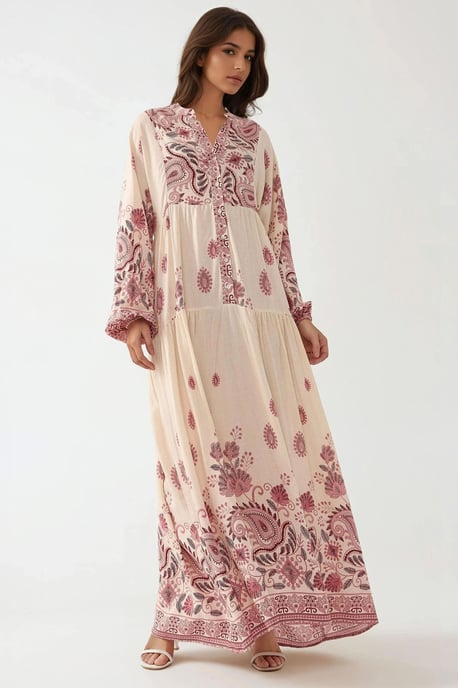 Bedrucktes V-Ausschnitt-Maxikleid mit Knopfdetails - Image 6
