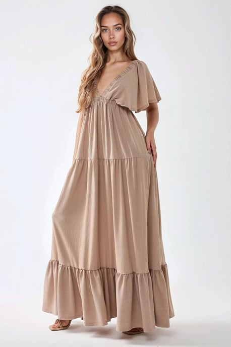 Strukturiertes V-Ausschnitt A-Form Maxi-Kleid - Image 1