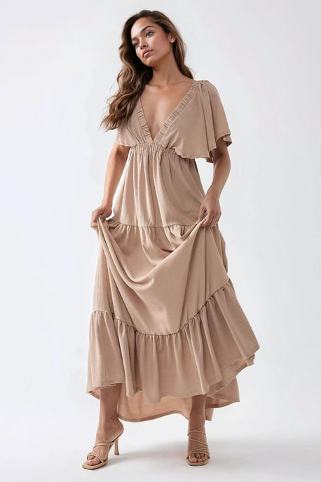 Strukturiertes V-Ausschnitt A-Form Maxi-Kleid - Image 5