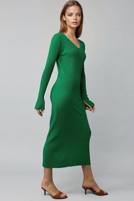 V-Ausschnitt Texturiertes Maxi-Strickkleid mit Schlitz - Image 2