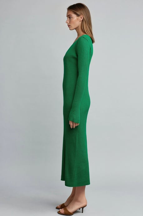 V-Ausschnitt Texturiertes Maxi-Strickkleid mit Schlitz - Image 4