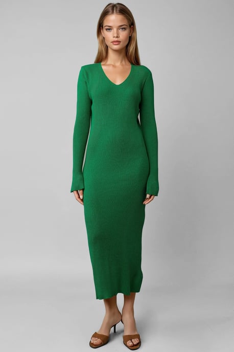 V-Ausschnitt Texturiertes Maxi-Strickkleid mit Schlitz - Image 6