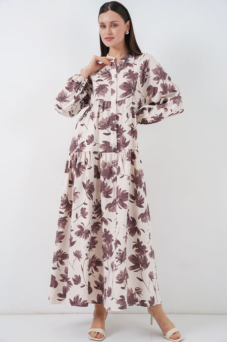 Blumiges Maxikleid mit Stehkragen und Knopfverschluss - Image 1