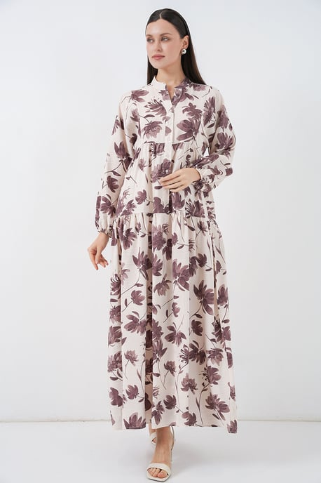 Blumiges Maxikleid mit Stehkragen und Knopfverschluss - Image 3