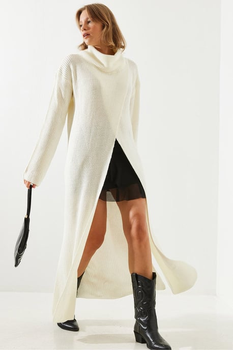 Strukturierter Rollkragen-Maxikleid mit Schlitz - Image 1