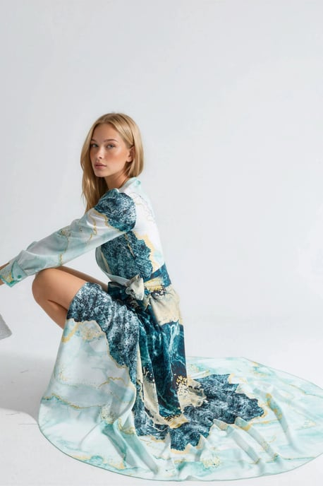 Maxikleid mit abstraktem Druck und langen Ärmeln sowie Bindegürtel - Image 4