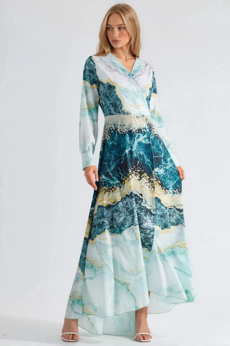 Maxikleid mit abstraktem Druck und langen Ärmeln sowie Bindegürtel - Image 6