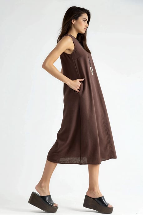 Leinen-Optik ärmelloses Kleid mit Rundhalsausschnitt in Midi-Länge - Image 6
