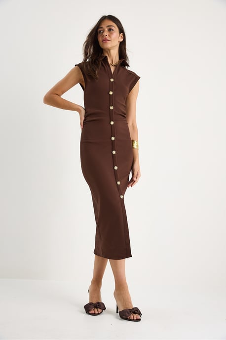 Schlankes Midi-Kleid mit Tippet-Kragen und Knopfverschluss - Image 2