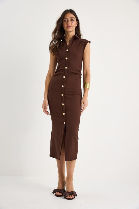 Schlankes Midi-Kleid mit Tippet-Kragen und Knopfverschluss - Image 3