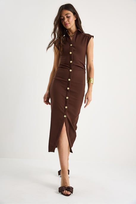 Schlankes Midi-Kleid mit Tippet-Kragen und Knopfverschluss - Image 4