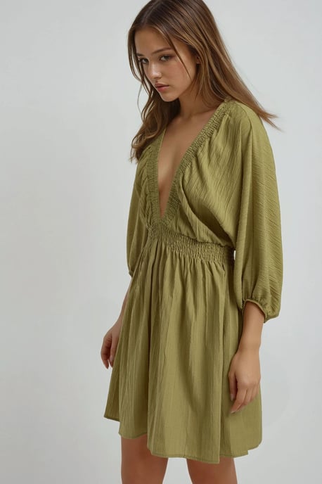 Strukturiertes V-Ausschnitt Langarm Mini-Kleid - Image 2