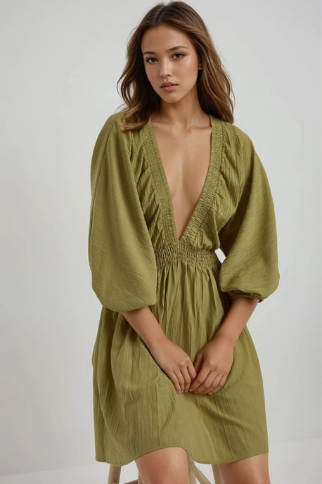 Strukturiertes V-Ausschnitt Langarm Mini-Kleid - Image 3