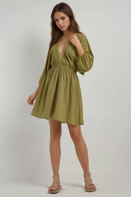 Strukturiertes V-Ausschnitt Langarm Mini-Kleid - Image 6