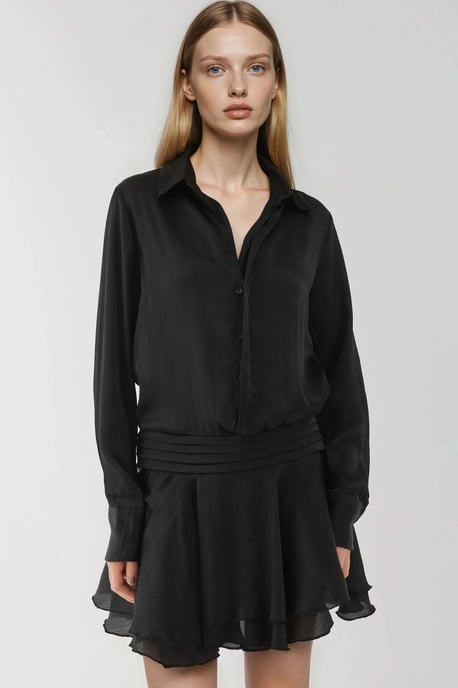 Rüschendrapiertes Mini-Kleid mit langen Ärmeln und Hemdkragen - Image 1