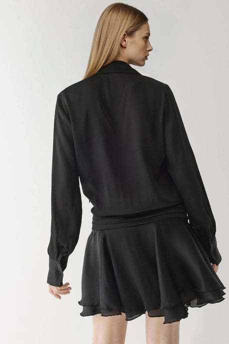 Rüschendrapiertes Mini-Kleid mit langen Ärmeln und Hemdkragen - Image 2