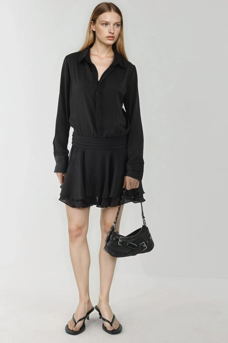 Rüschendrapiertes Mini-Kleid mit langen Ärmeln und Hemdkragen - Image 3