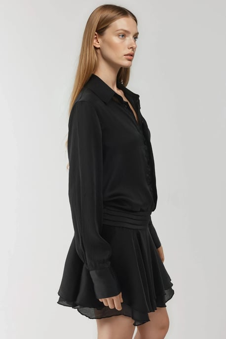 Rüschendrapiertes Mini-Kleid mit langen Ärmeln und Hemdkragen - Image 4