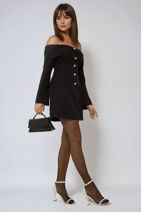 Exklusives maßgeschneidertes Off-Shoulder-Minikleid mit Knopfdetails - Image 1