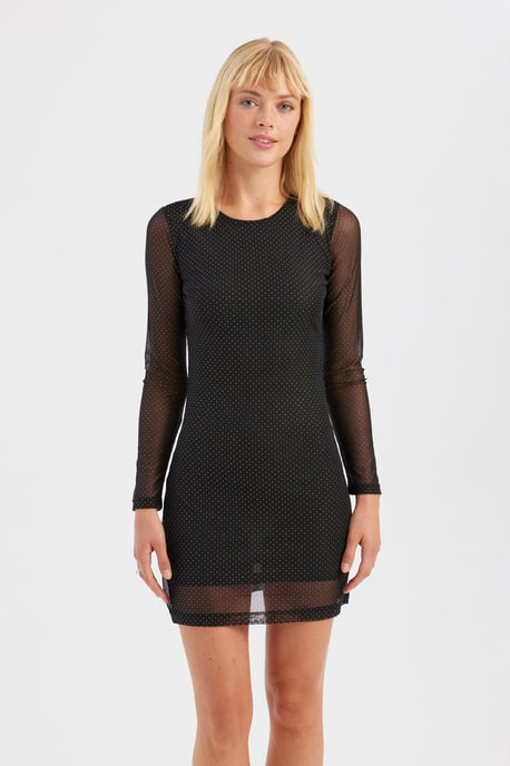 Mesh Rundhals Steinverzierte Langarm Mini Kleid - Image 3
