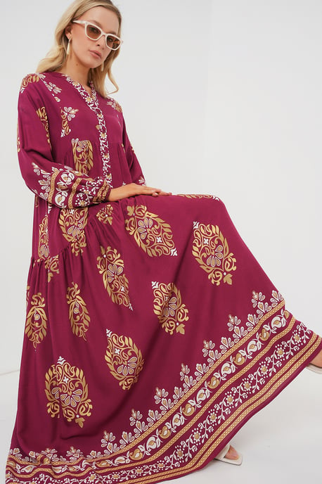 Muster Maxi-Kleid mit V-Ausschnitt und Knopfverschluss - Image 2