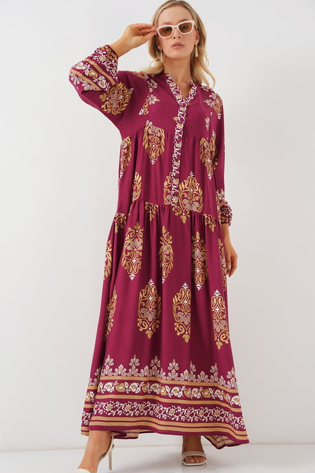 Muster Maxi-Kleid mit V-Ausschnitt und Knopfverschluss - Image 3