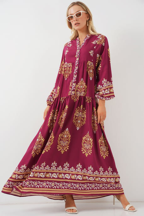 Muster Maxi-Kleid mit V-Ausschnitt und Knopfverschluss - Image 4
