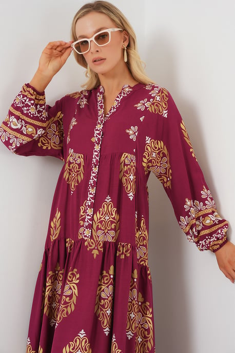 Muster Maxi-Kleid mit V-Ausschnitt und Knopfverschluss - Image 5
