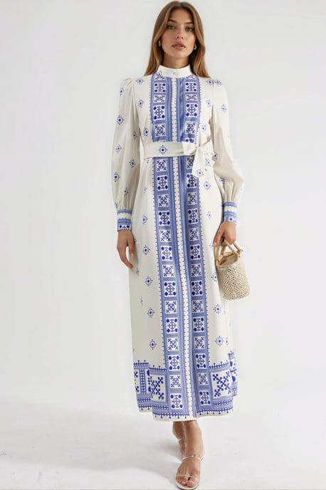 Mandarinkragen Geometrisches Panele Maxi-Kleid - Image 1