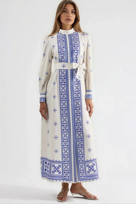 Mandarinkragen Geometrisches Panele Maxi-Kleid - Image 6