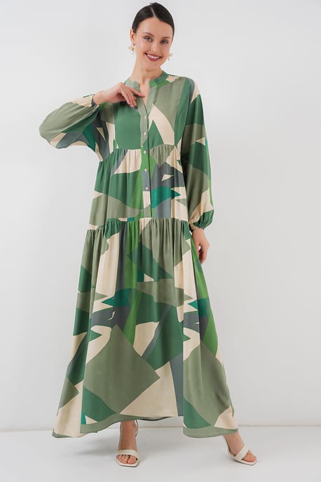 Gedrucktes V-Ausschnitt Maxikleid mit Knopfverschluss - Image 1